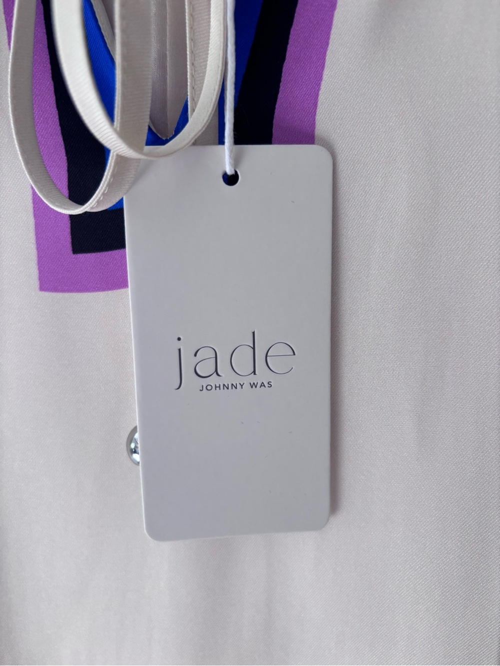 NWT Jade by Johnny Was Lorianne cream white blue silk graphic mini dress large - Picture 9 of 15